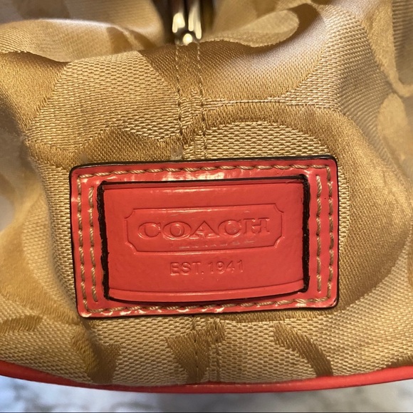 Coach Handbags - Coach Signature Stripe Satchel Kisslock Carryall Red Tan Canvas Leather F19190